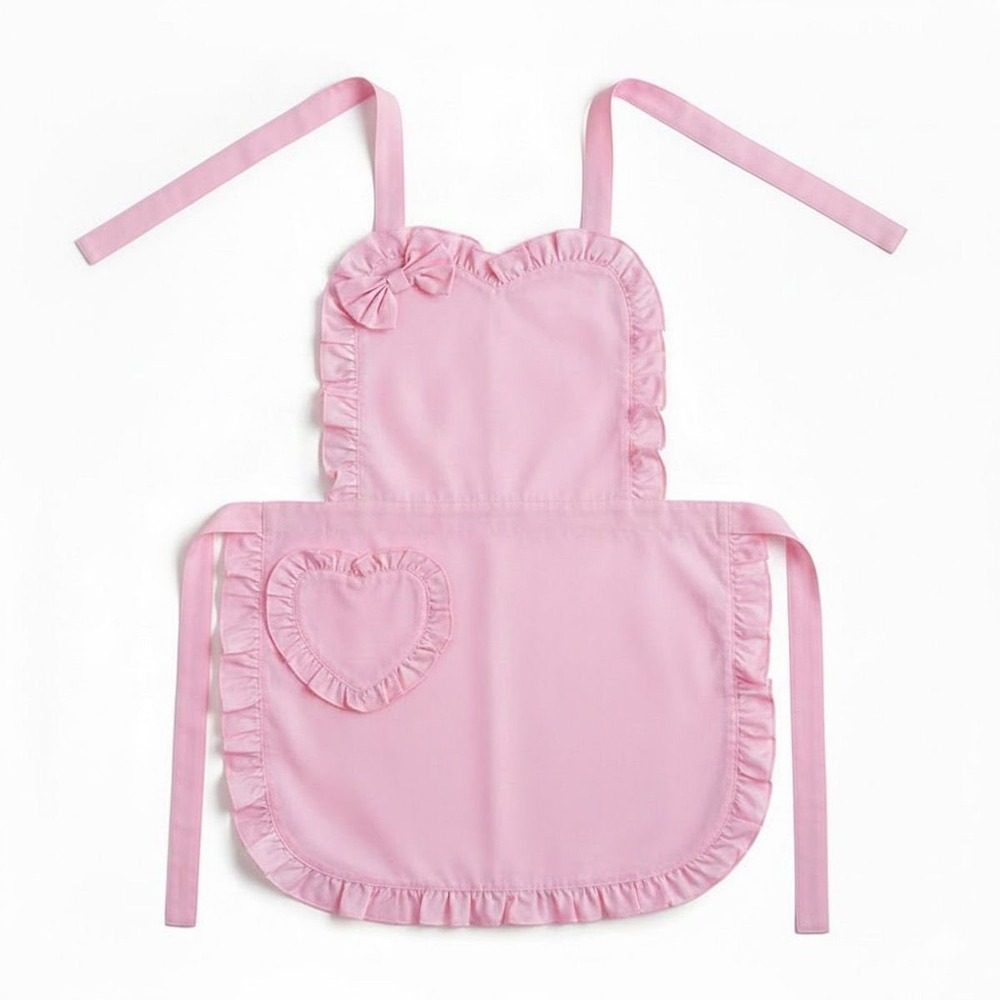 Kids Pink Ruffled Apron Heart Pocket Bow Detail Baking Craft Dress Up